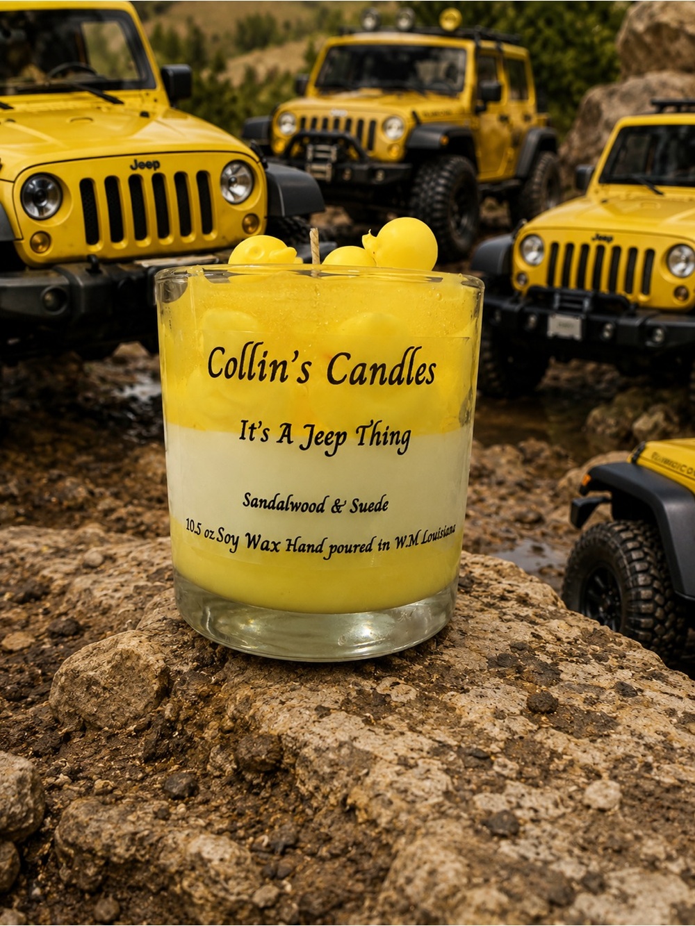 Collin's Candles "It's A Jeep Thing" Yellow & White Soy Candle with ducks.